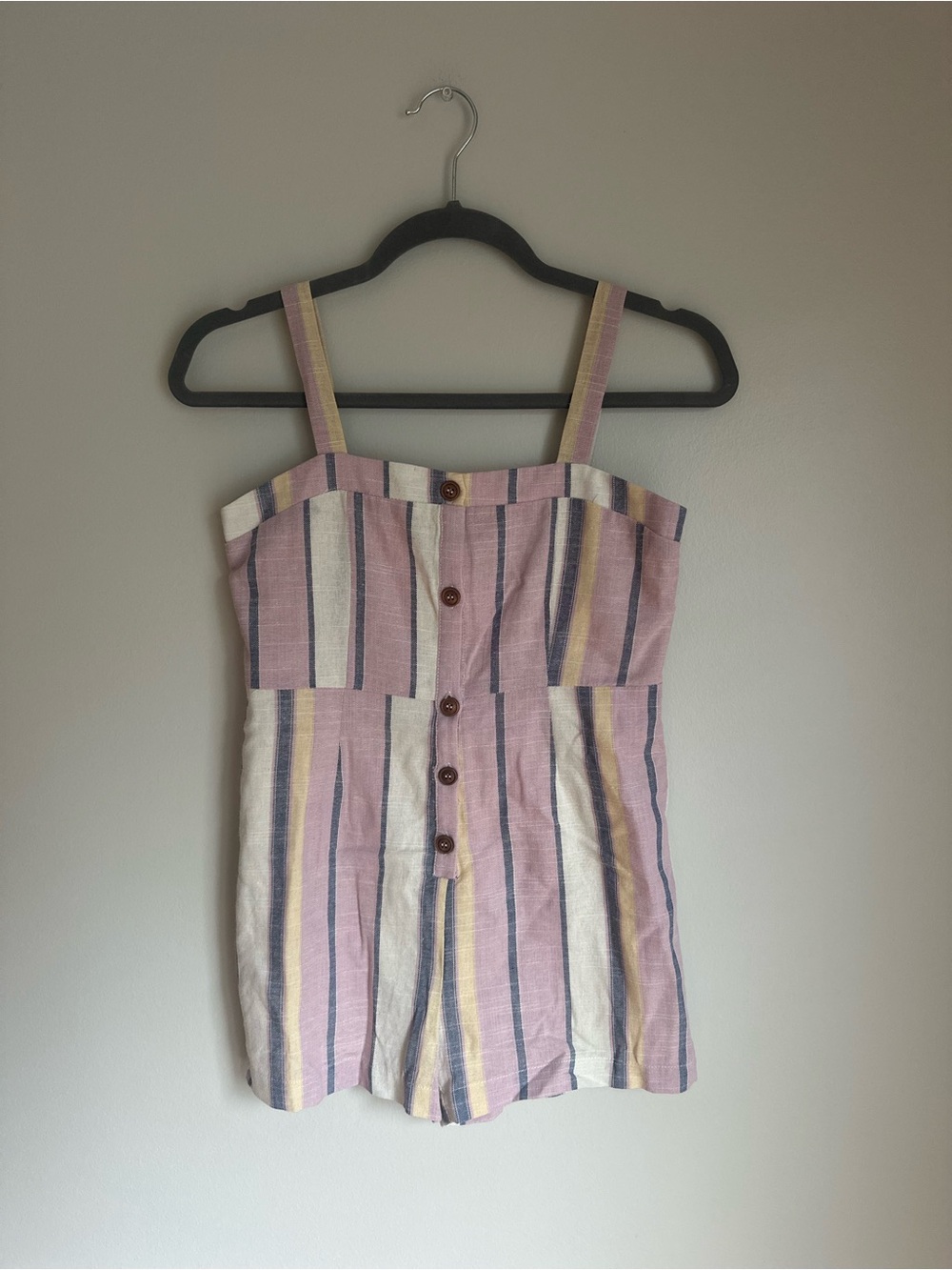 NEW For All Seasons Girls Striped Romper Ivory Pink Blue Button Front Large